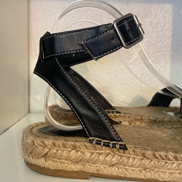 Urban Outfitters Black Leather Espadrille Sandals Ankle Strap Jute Sole Summer - Picture 6 of 14
